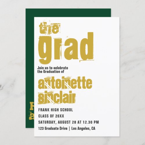 British Racing Green and Gold Typography Grad Invitation