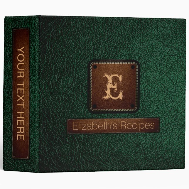 British Racing Green Leather Elegant Monogram 3 Ring Binder (Front/Spine)