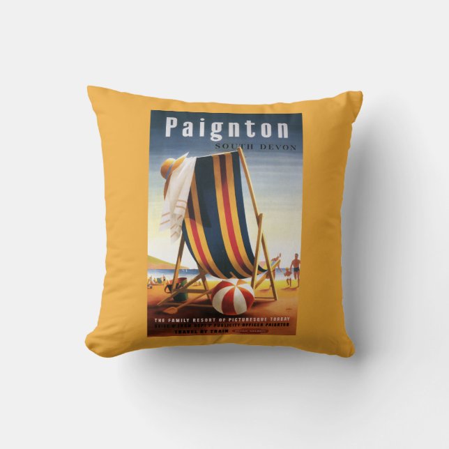 British Railways Beach Chair and Ball Poster Throw Pillow (Front)