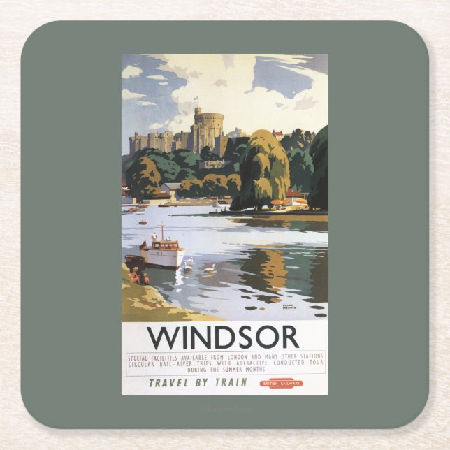 British Railways Windsor Castle Thames Poster Square Paper Coaster (Front)