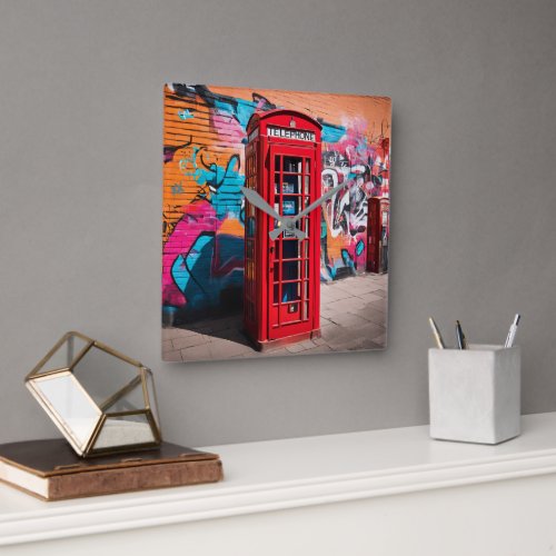 British Red Telephone Box Square Wall Clock