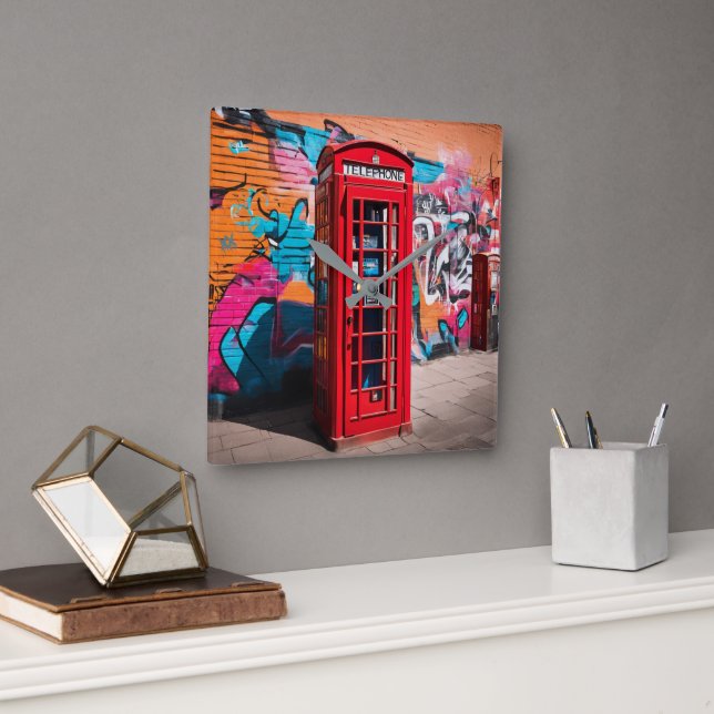 British Red Telephone Box Square Wall Clock (Office)