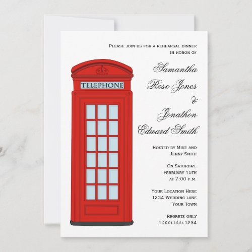 British Red Telephone Box Wedding Rehearsal Dinner Invitation