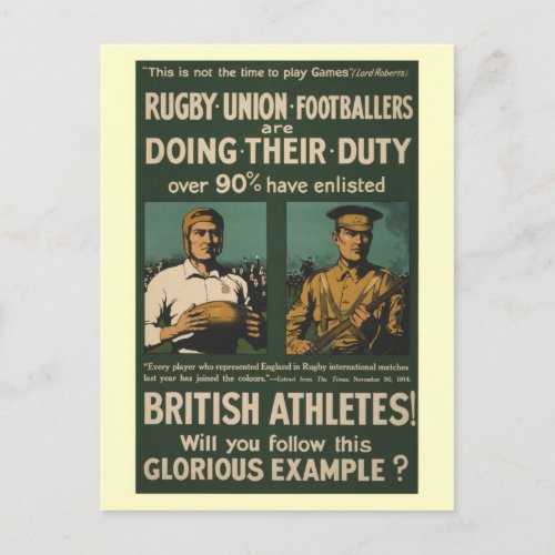 British rugby football players call for duty postcard