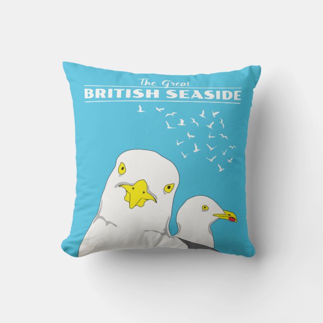 British Seaside Travel Souvenir Seagull Birds Throw Pillow (Front)