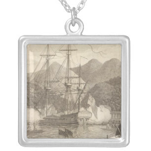 British Ships Firing at Tahiti Silver Plated Necklace