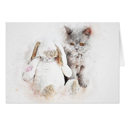 British Shorthair &amp; Bunny | Abstract | Watercolor Card