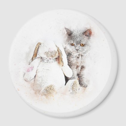 British Shorthair &amp; Bunny | Abstract | Watercolor Magnet