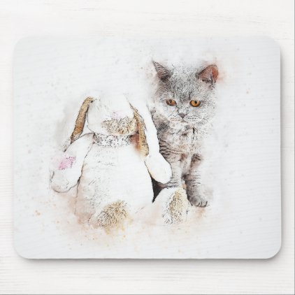 British Shorthair &amp; Bunny | Abstract | Watercolor Mouse Pad