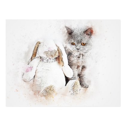 British Shorthair &amp; Bunny | Abstract | Watercolor Postcard