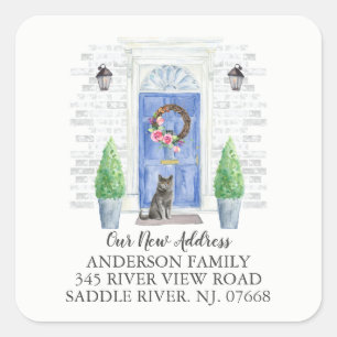 British Shorthair Cat Blue Door New Address Label