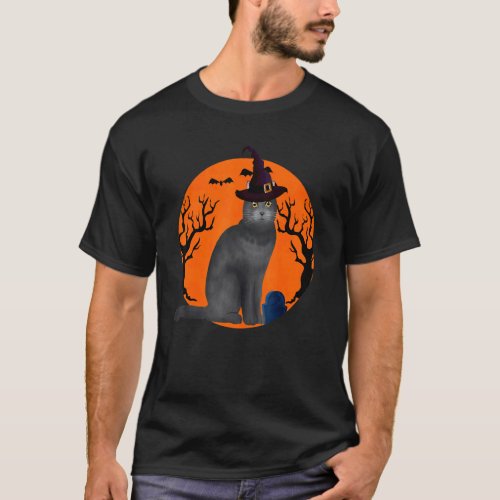 British Shorthair Cat Halloween Witch Hat And Moon T-Shirt