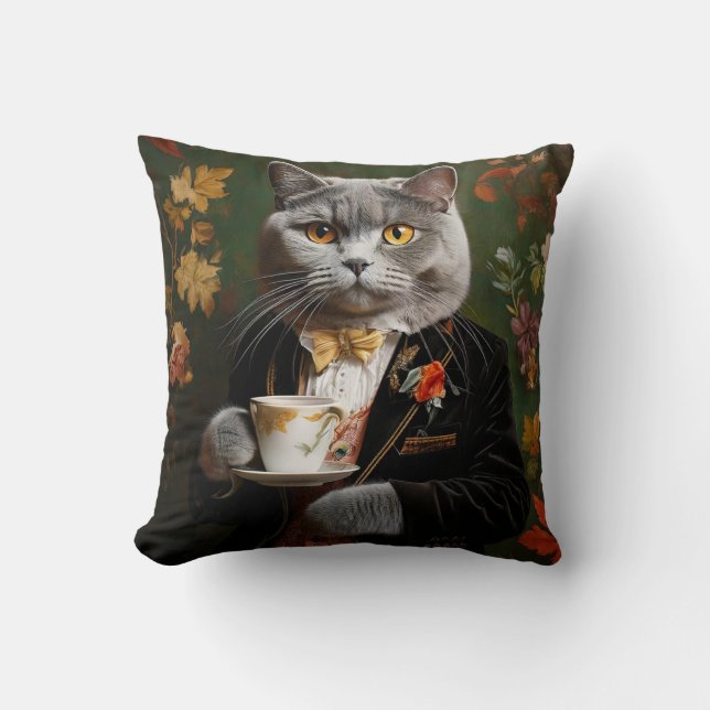 British Shorthair Cat In a Suit Drinking Coffee Throw Pillow (Front)