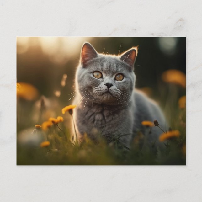 British Shorthair Cat in Flower Meadow Postcard (Front)