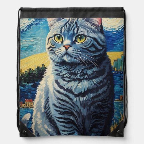 British Shorthair Cat in Starry Night Drawstring Bag