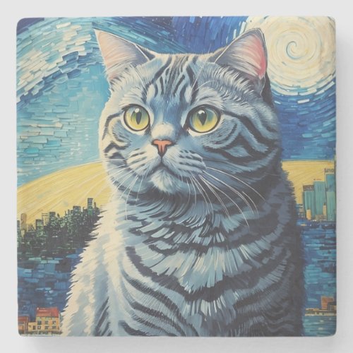 British Shorthair Cat in Starry Night Stone Coaster