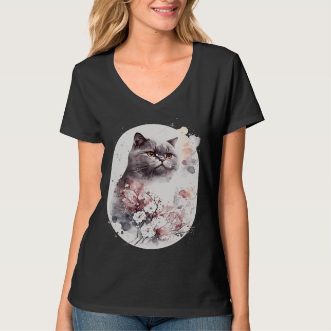 British Shorthair Cat Japanese Cherry Blossom Saku T-Shirt (Front)