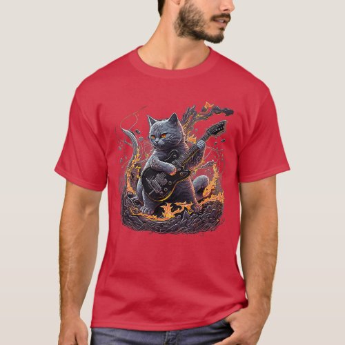 British Shorthair Cat Playing Electric Guitar Rock T_Shirt