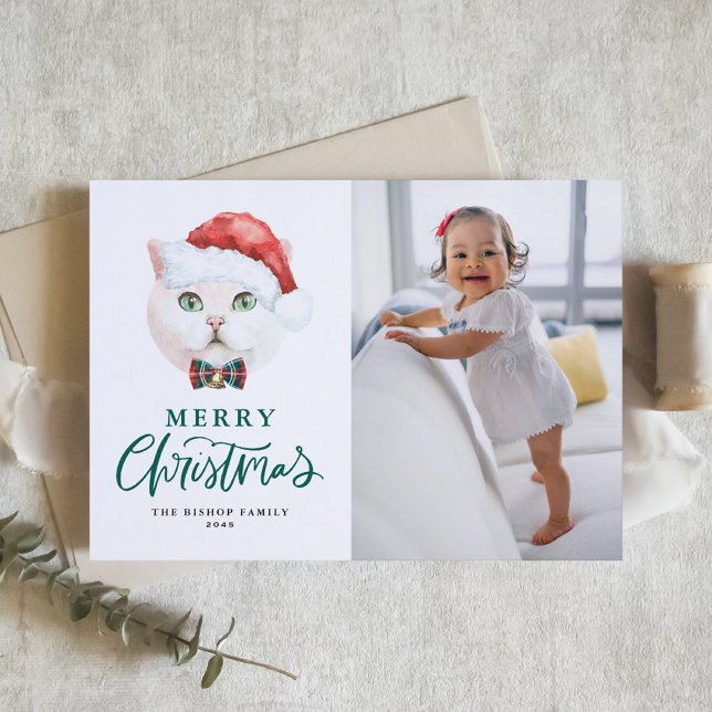 British Shorthair Cat Santa Green Photo Christmas Holiday Card (Creator Uploaded)