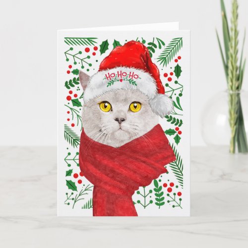 British Shorthair Cat Santa Hat Meowy Christmas Holiday Card