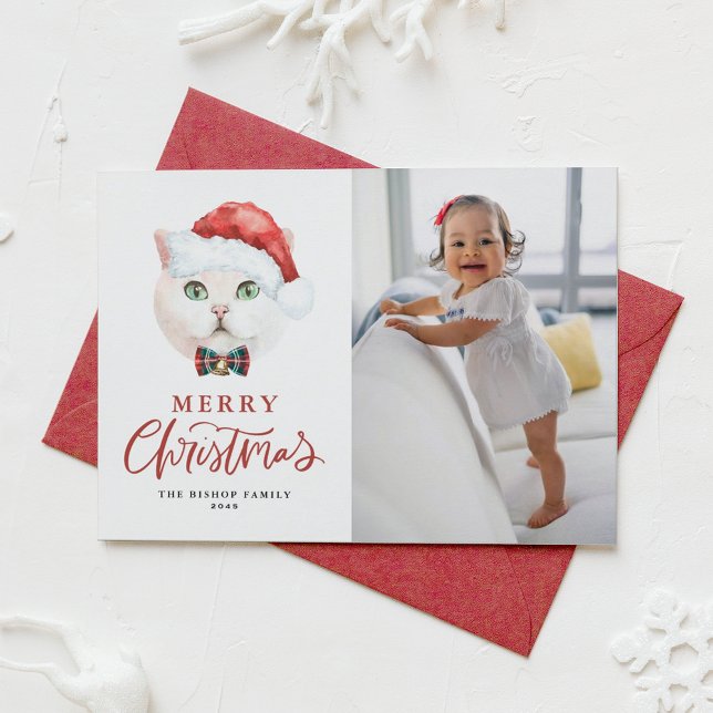 British Shorthair Cat Santa Red Photo Christmas Holiday Card (Creator Uploaded)