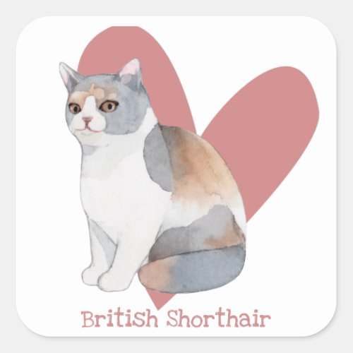 British Shorthair Cat Watercolor Kitty Pink Heart Square Sticker