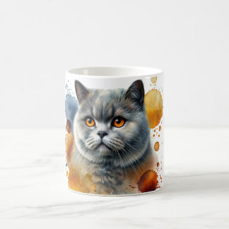 British Shorthair Cat Watercolor Portrait in Blue Coffee Mug