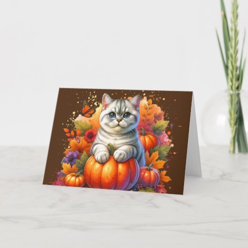 British Shorthair Cat with Pumpkin Card