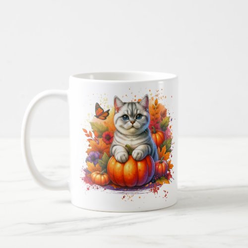 British Shorthair Cat with Pumpkin Coffee Mug