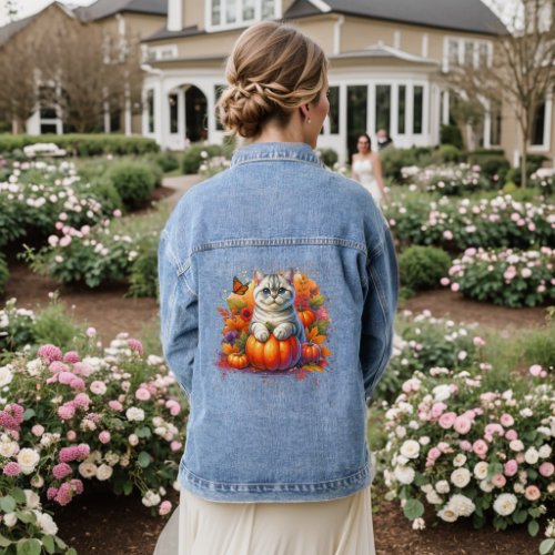 British Shorthair Cat with Pumpkin Denim Jacket