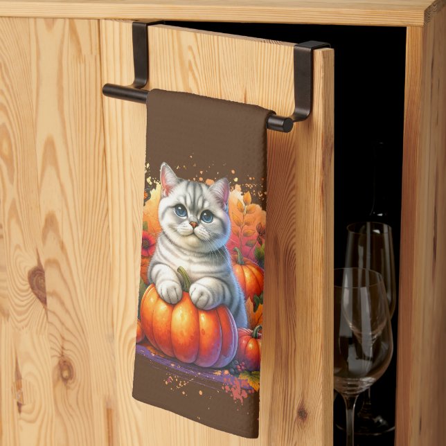 British Shorthair Cat with Pumpkin Kitchen Towel (Thirds Fold)