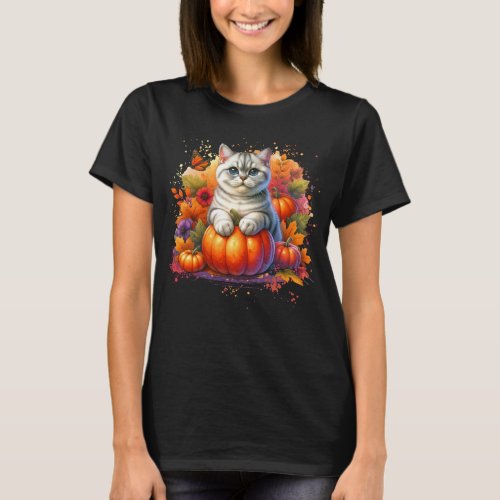 British Shorthair Cat with Pumpkin T_Shirt