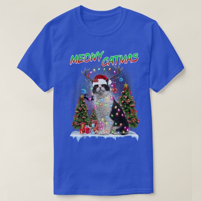 British Shorthair Cat Xmas Tree Lights Santa Hat R T-Shirt (Design Front)