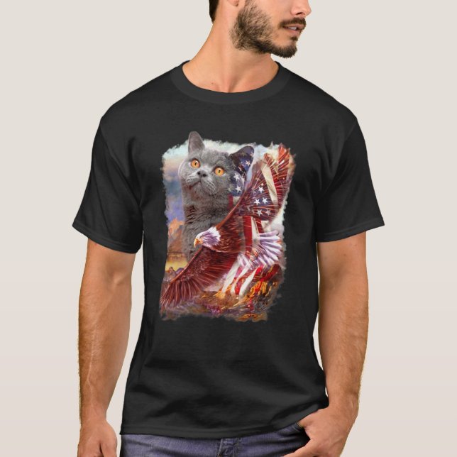 British Shorthair Eagle American Flag 4th July Ind T-Shirt (Front)