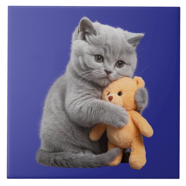 British Shorthair Kitten and Teddy Bear Decorative Ceramic Tile (Front)