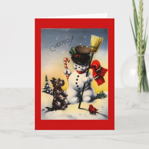 British Snowman and Scotty Dog Saying Cheerio Holiday Card