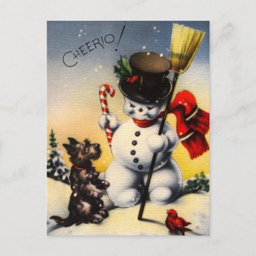 British Snowman and Scotty Dog Saying Cheerio Holiday Postcard