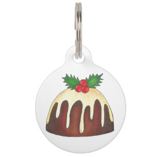 British Sugar Plum Pudding Dessert Christmas Holly Pet Name Tag