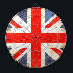 British UK flag antiqued style dart board<br><div class="desc">A unique antique style United Kingdom flag dart board in red,  white and blue hues. Designed using the union jack,  flag of Britain and adding a little vintage treatment. Produced by Sarah Trett. Would look great in a UK patriotic bedroom or lounge.</div>