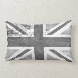 British UK Union Jack Flag in Grunge Grey Lumbar Pillow