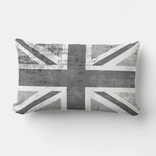 British UK Union Jack Flag in Grunge Grey Lumbar Pillow