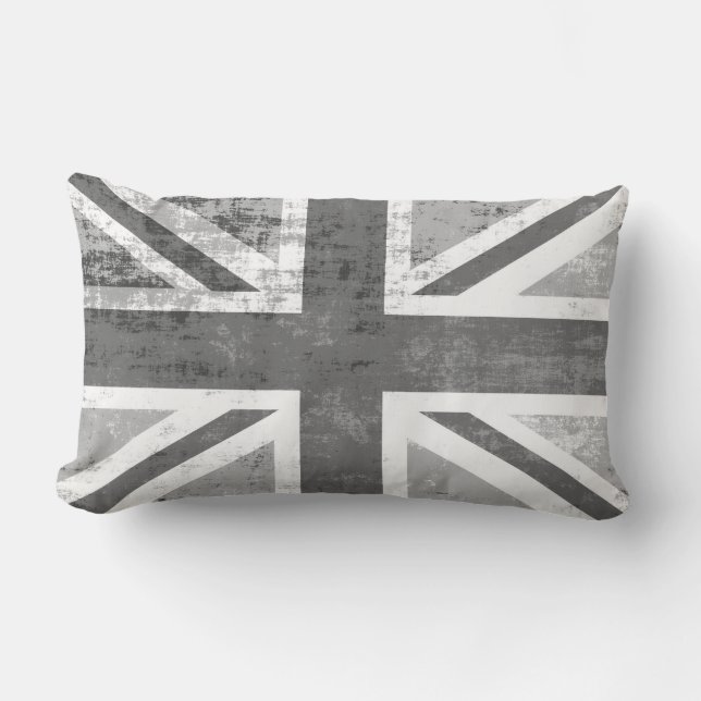 British UK Union Jack Flag in Grunge Grey Lumbar Pillow (Front)