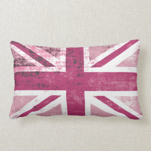 British UK Union Jack Flag in Grunge Pink Lumbar Pillow
