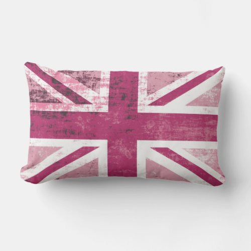British UK Union Jack Flag in Grunge Pink Lumbar Pillow