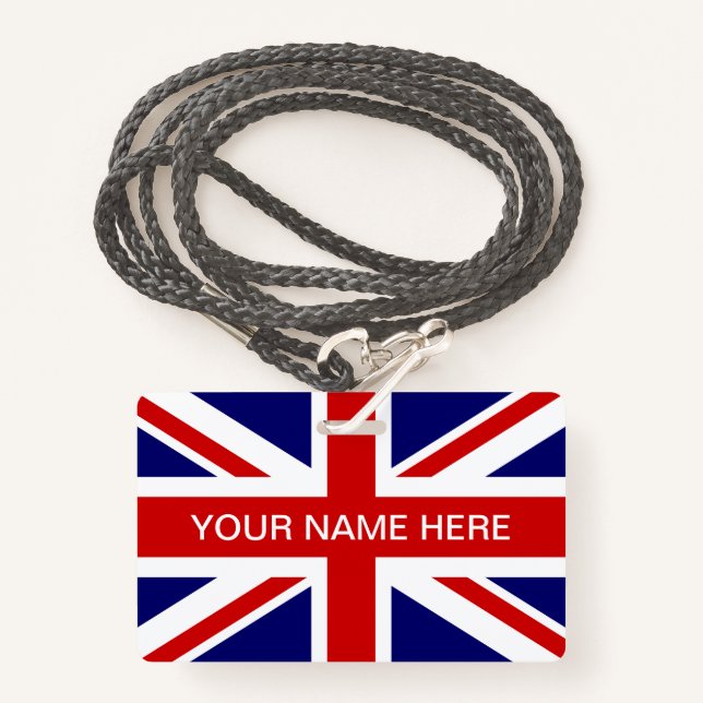 British Union Jack flag personalized name Badge (Front with Lanyard)