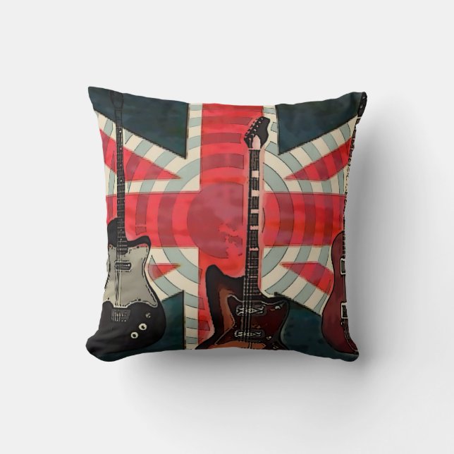 British Union Jack Flag Rock Roll Electric Guitar Throw Pillow (Front)