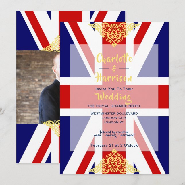 British Union Jack Red White Blue Photo Wedding Invitation (Front/Back)