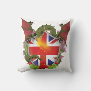 British Union Jack Shield and Dragon Throw Pillow