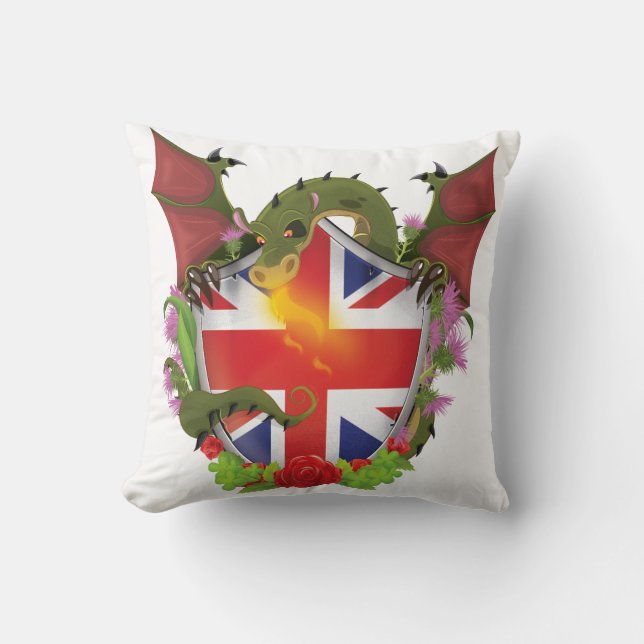 British Union Jack Shield and Dragon Throw Pillow (Front)
