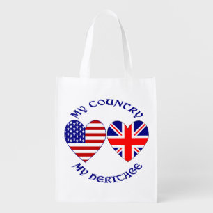 British USA Heart Flags Country Heritage Grocery Bag
